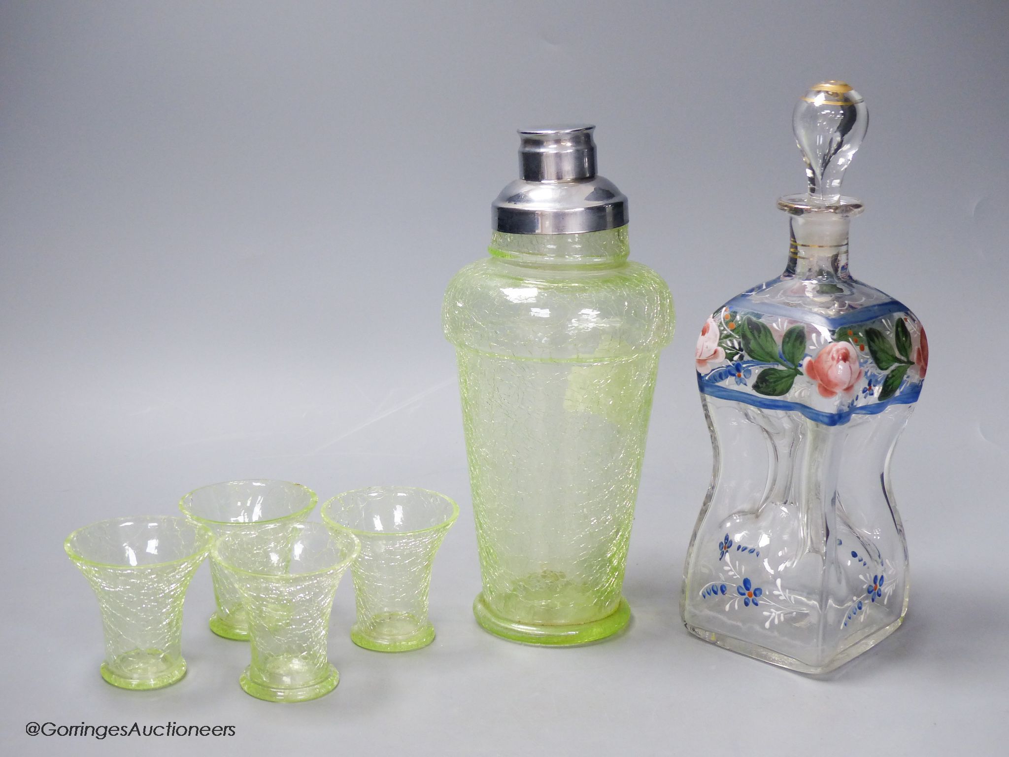 Deco-style green crackle glass cocktail shaker, 6 tots and one other decanter